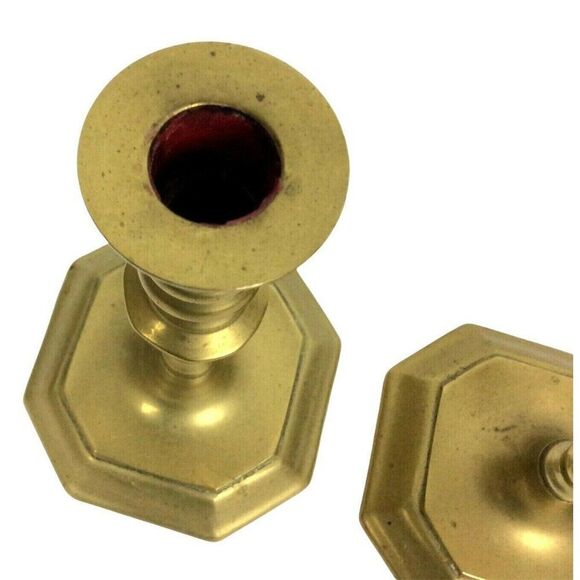 Antiqued Brass Candlesticks Holders 7 Inches Heavy Square Base Made in Korea - Picture 5 of 10